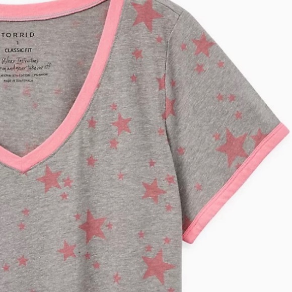 Torrid Women’s Pink Stars Grey V-Neck Ringer Tee - Picture 3 of 13